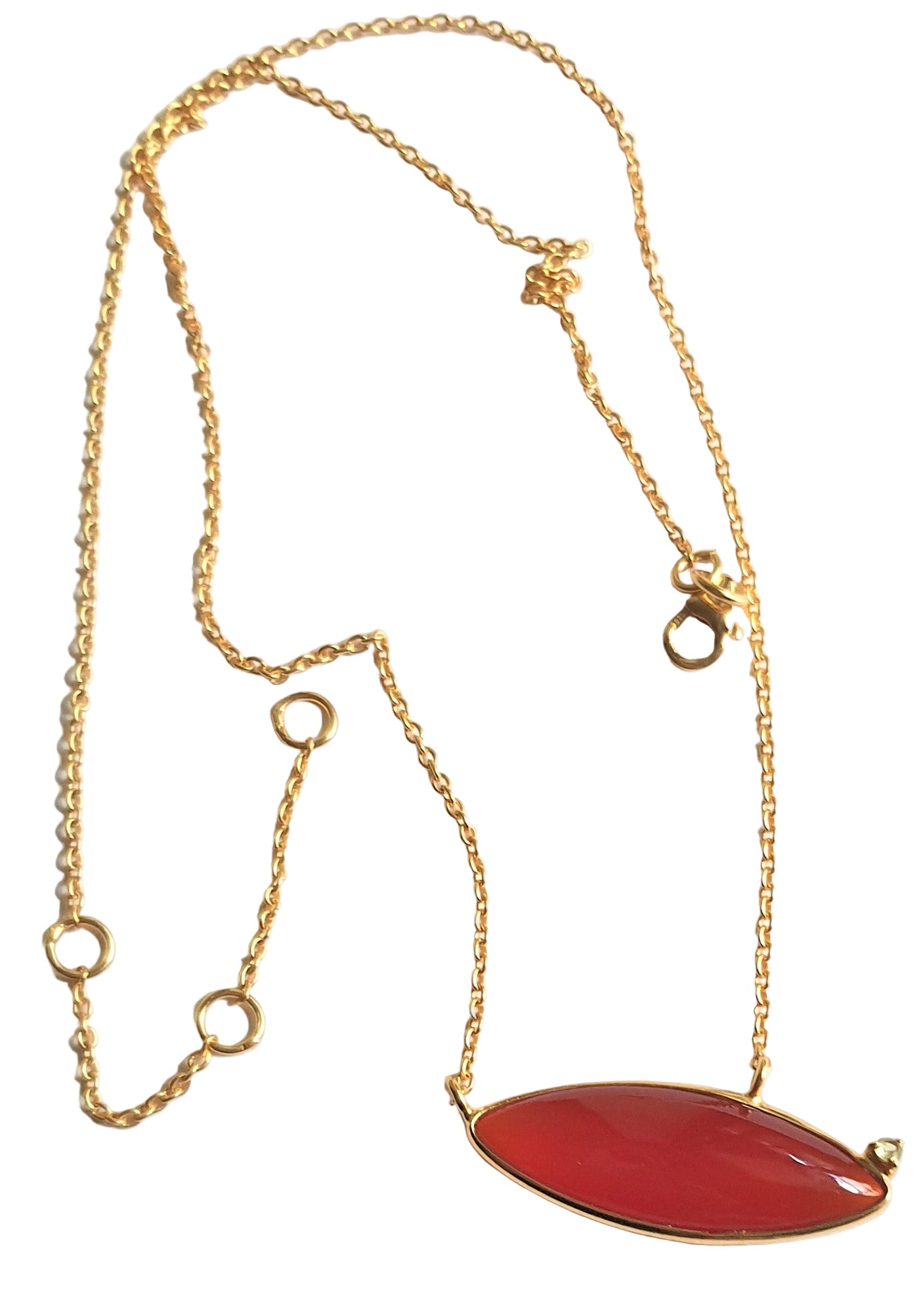 Red onyx and peridot necklace in gold-plated 92.5 sterling silver, featuring a unique tilted-petal pendant design.